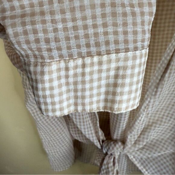 Farrow Womens Gingham‎ Open Front Tie Blouse Long Sleeve Size Small Beige Y2K - Picture 6 of 7